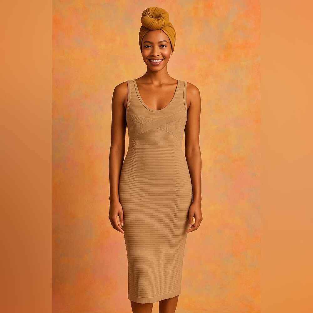 Aura Tan Bodycon Bandage Dress – Size S/M, Sleeveless Scoop Neck